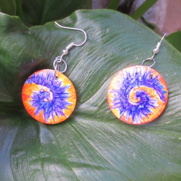 Handcrafted Pierced Earrings Purple & Orange Tie Dye Swirl Hand Painted Wood - Picture 2 of 8